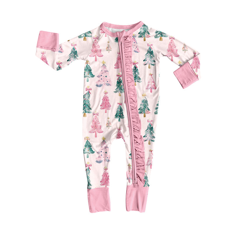 ( Moq 5 ) Preorder Baby Girl Long Sleeves Christmas Trees Bows Pink Ruffle Zipper Romper