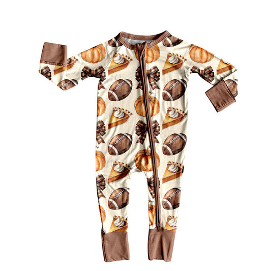 ( Moq 5 ) Preorder Baby Girl Long Sleeves Pumpkins Pie Football Bows Zipper Pajamas Romper