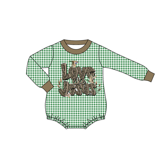 ( Moq 5 ) Preorder Baby Boy Long Sleeves Ducks Jesus Green Plaid Bubble Romper