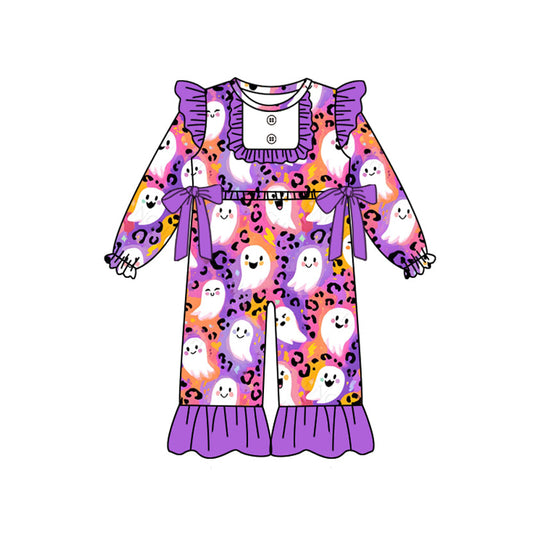 ( Moq 5 ) Preorder Baby Girl Long Sleeves Ghost Leopard Purple Bows Halloween Romper