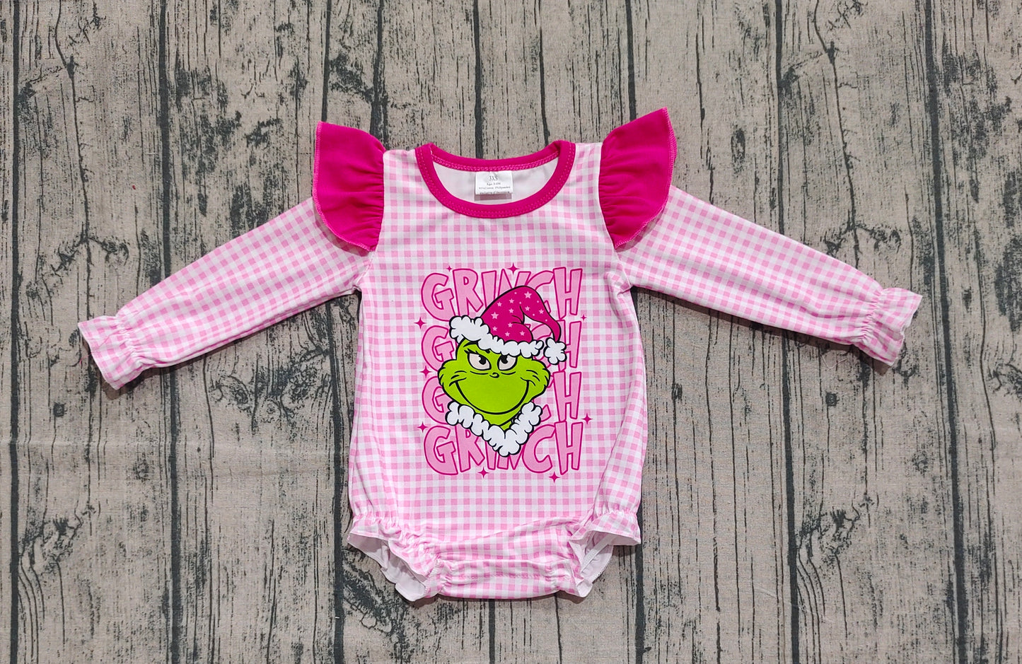 Baby Girl Long Sleeves Green Face Christmas Pink Bubble Romper RTS