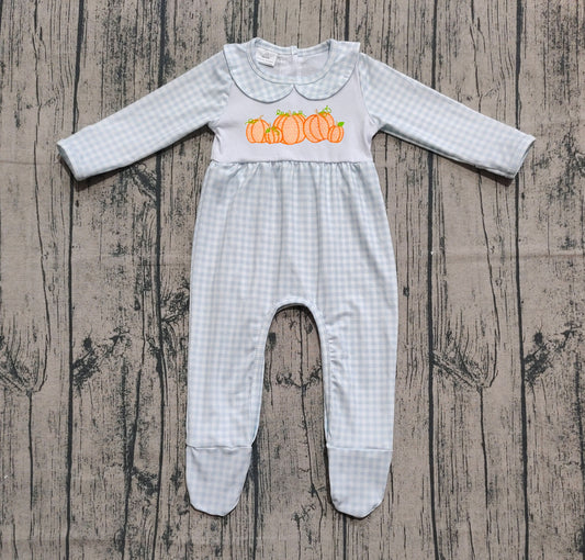 ( No moq ) Preorder Baby Boy Long Sleeves Embroidery Pumpkins Blue Plaid Thanksgiving Footies Romper