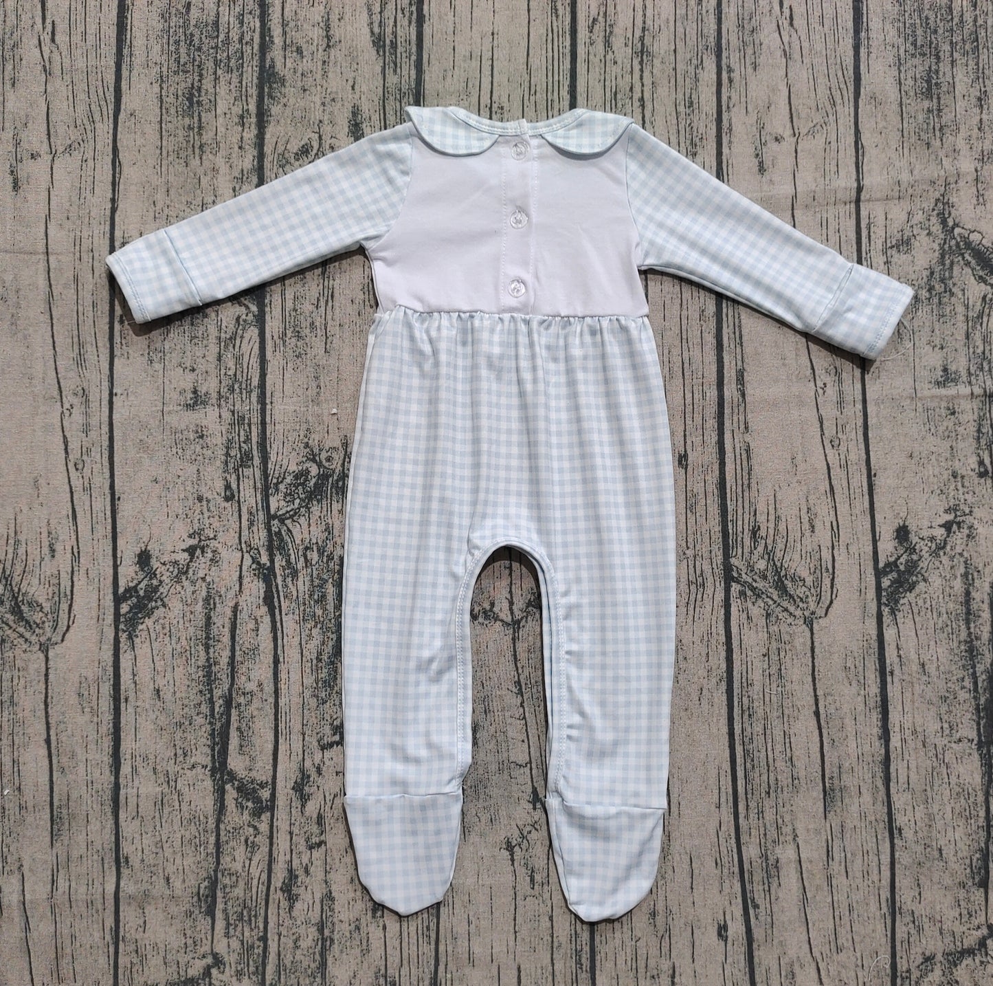 ( No moq ) Preorder Baby Boy Long Sleeves Embroidery Pumpkins Blue Plaid Thanksgiving Footies Romper