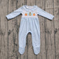 ( No moq ) Preorder Baby Boy Long Sleeves Embroidery turkey Pumpkins Blue Plaid Thanksgiving Footies Romper