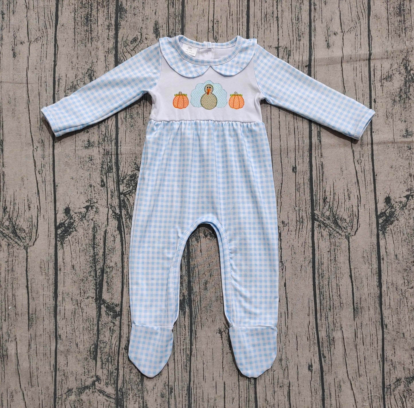 ( No moq ) Preorder Baby Boy Long Sleeves Embroidery turkey Pumpkins Blue Plaid Thanksgiving Footies Romper