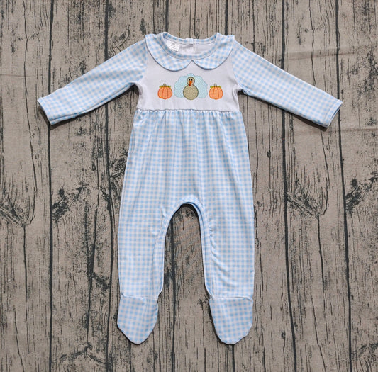 ( No moq ) Preorder Baby Boy Long Sleeves Embroidery turkey Pumpkins Blue Plaid Thanksgiving Footies Romper