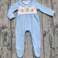 ( No moq ) Preorder Baby Boy Blue Long Sleeves Embroidery turkey Pumpkins Thanksgiving Footies Romper