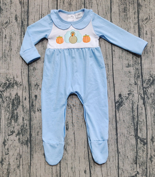 ( No moq ) Preorder Baby Boy Blue Long Sleeves Embroidery turkey Pumpkins Thanksgiving Footies Romper