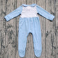 ( No moq ) Preorder Baby Boy Blue Long Sleeves Embroidery turkey Pumpkins Thanksgiving Footies Romper