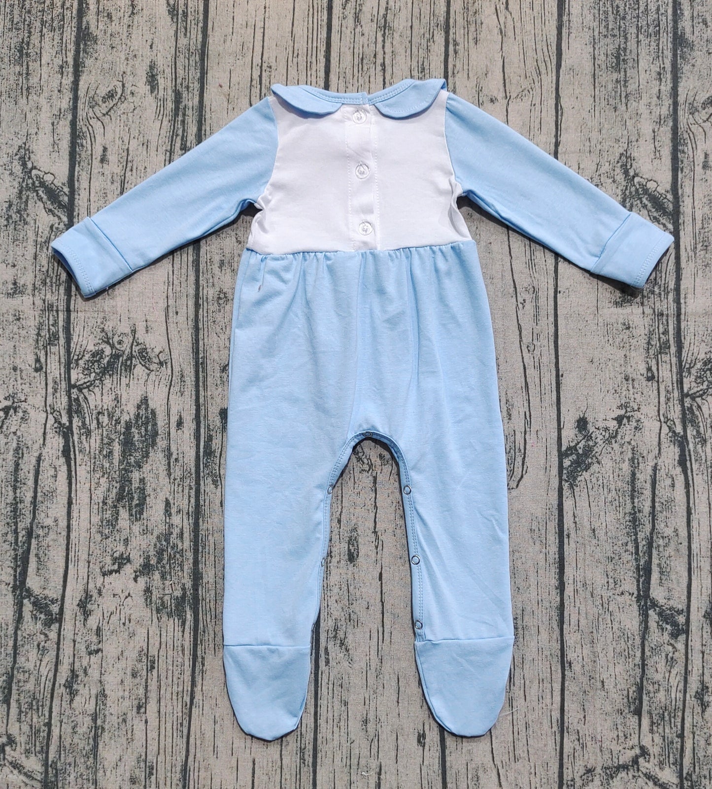 ( No moq ) Preorder Baby Boy Blue Long Sleeves Embroidery turkey Pumpkins Thanksgiving Footies Romper