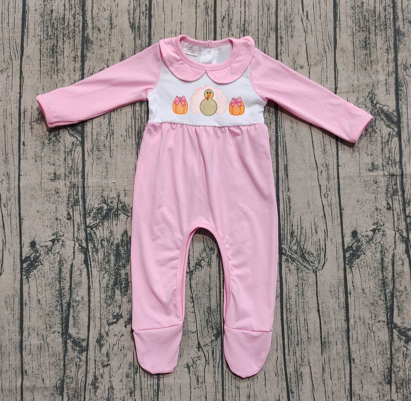 ( No moq ) Preorder Baby Girl Pink Long Sleeves Embroidery turkey Pumpkins Thanksgiving Footies Romper