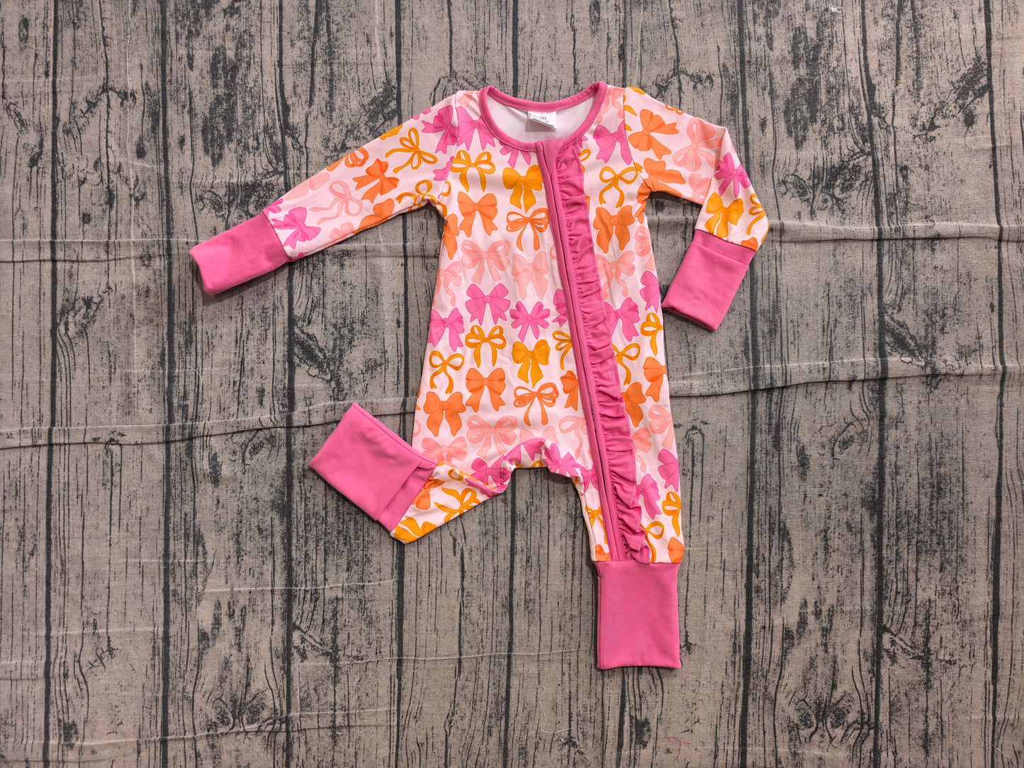 ( No moq ) Preorder Baby Girl Long Sleeves Bows Pink Ruffle Zipper Pajamas Romper