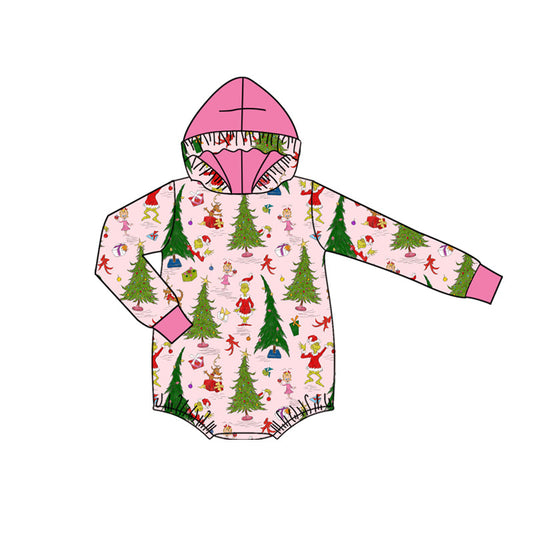 ( Moq 5 ) Preorder Baby Girl Long Sleeves Green Face Tree Christmas Pink Hoodie Bubble Romper