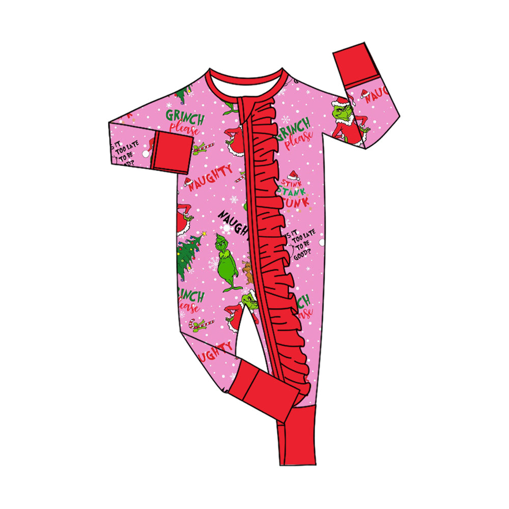 ( Moq 5 ) Preorder Baby Girl Long Sleeves Green Face Tree Christmas Ruffle Zipper Tooties Romper