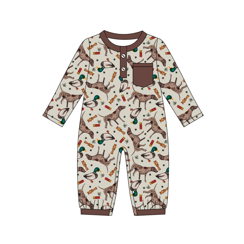 ( Moq 5 ) Preorder Baby Boy Long Sleeves Ducks Dogs Buttons Pocket Hunting Romper
