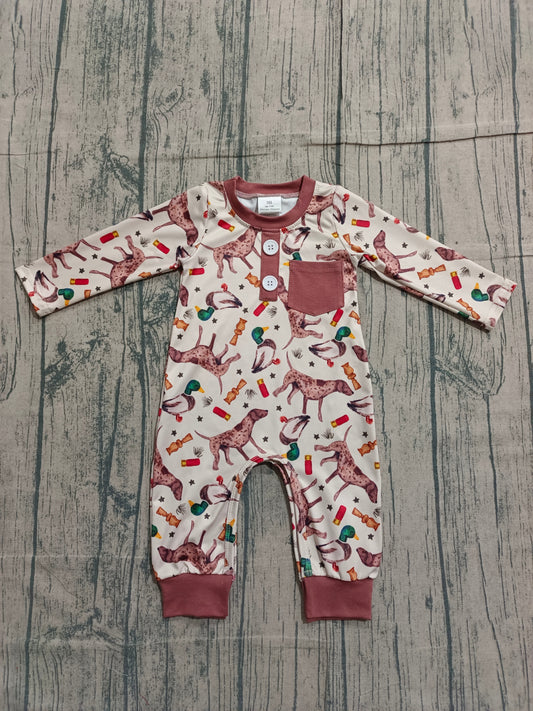 ( No moq ) Preorder Baby Boy Long Sleeves Ducks Dogs Buttons Pocket Hunting Romper