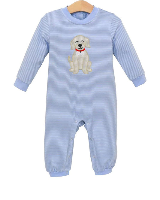 ( Moq 5 ) Preorder Baby Boy Long Sleeves Dog Blue Stripes Buttons Romper