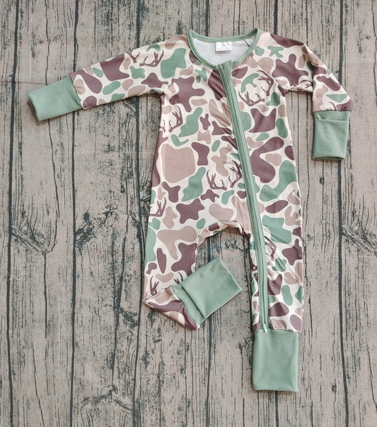 ( No moq ) Preorder Baby Boy Long Sleeves Deer Camo Zipper Footie Pajamas Romper