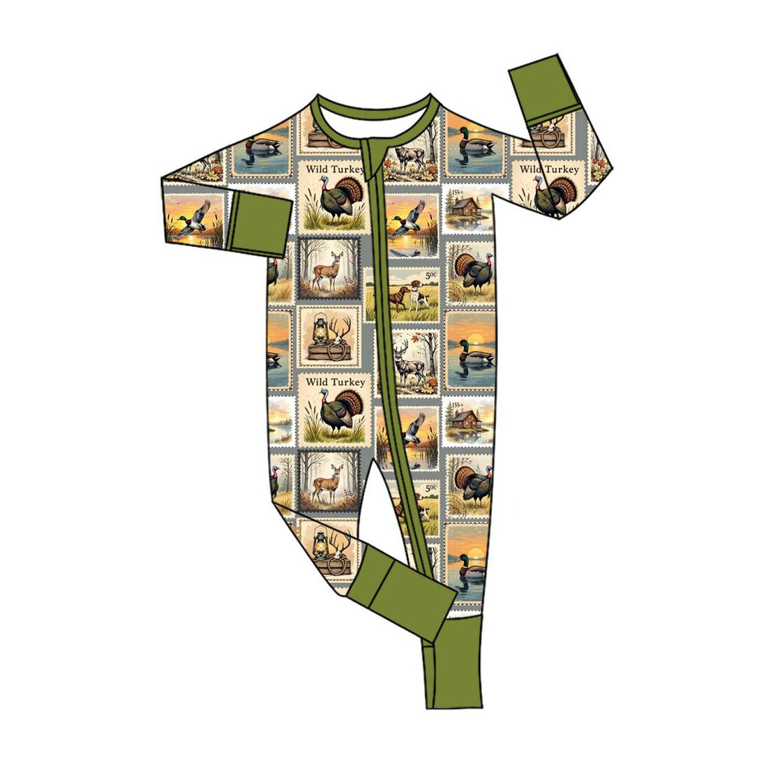 ( Moq 5 ) Preorder Baby Boy Long Sleeves turkey Ducks Dogs Hunting Zipper Footie Green Romper