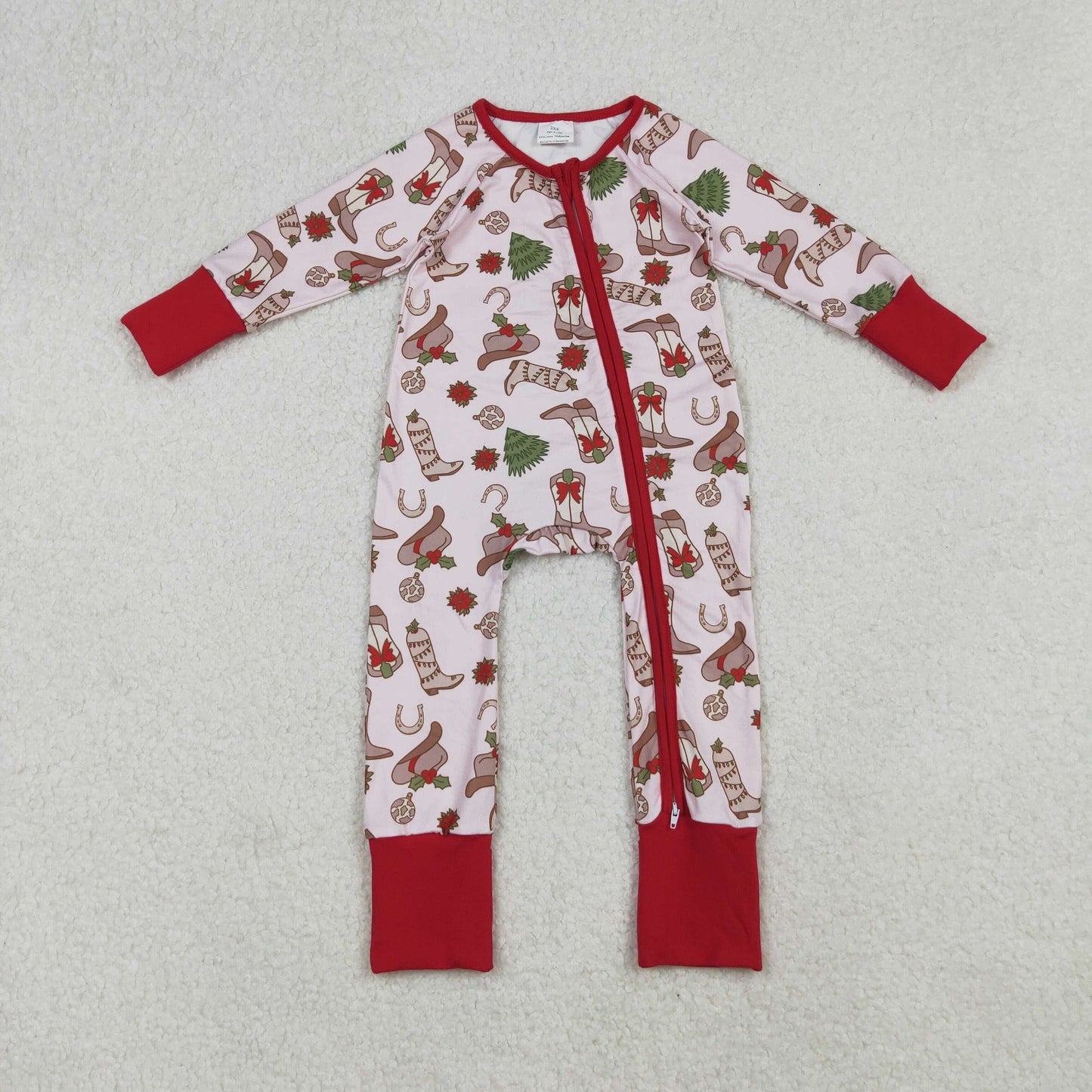 Sibling Girls Kids Long Sleeves Bows Boots Western Zipper Romper Christmas Pajamas Set RTS