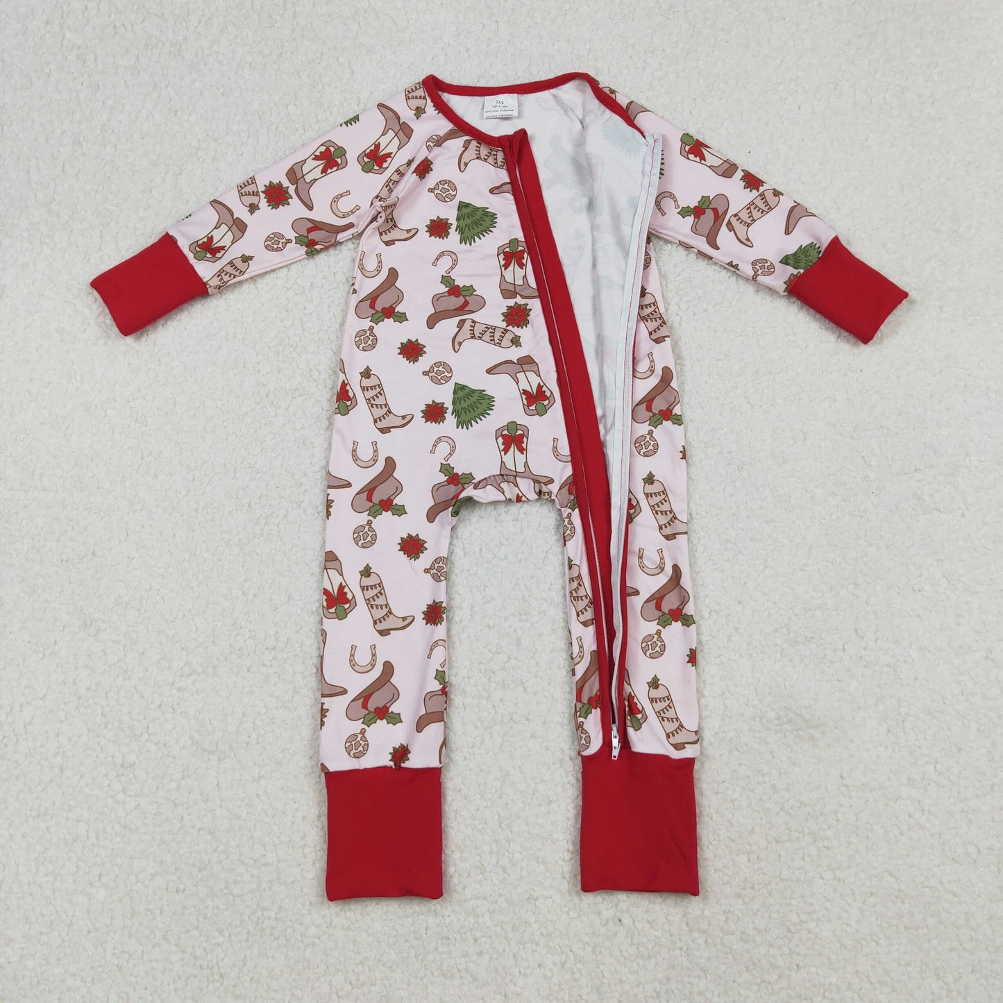 Sibling Girls Kids Long Sleeves Bows Boots Western Zipper Romper Christmas Pajamas Set RTS