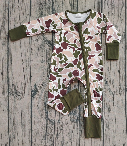 ( No moq ) Preorder Baby Boy Infant Long Sleeves Ducks Dogs Camo Hunting Zipper Romper