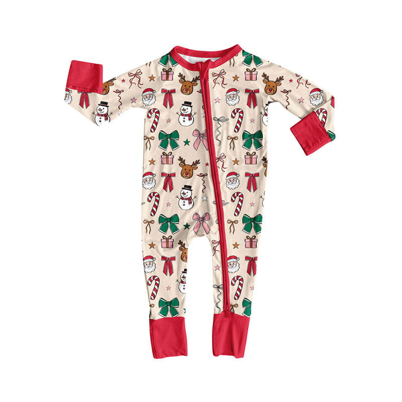 ( Moq 5 ) Preorder Baby Girl Long Sleeves Snowman Santa Bows Christmas Zipper Pajamas Romper