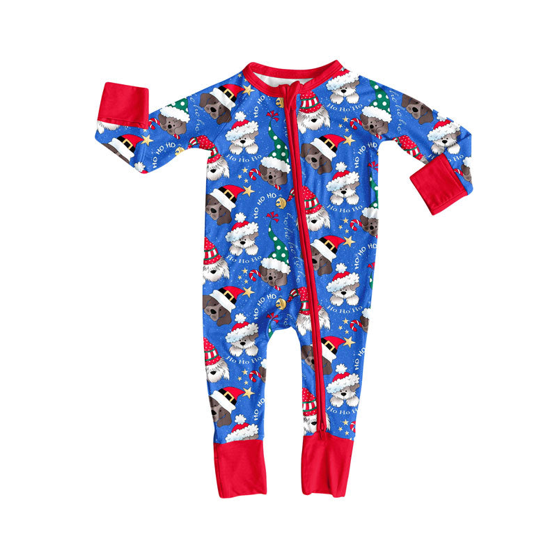 ( Moq 5 ) Preorder Baby Boy Long Sleeves Dogs Christmas Zipper Pajamas Blue Romper