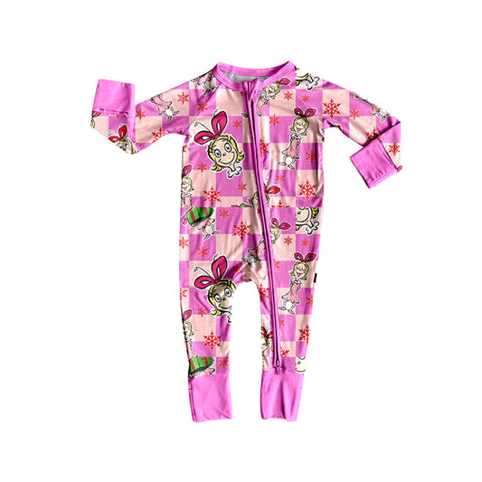 ( Moq 5 ) Preorder Kids Girls Long Sleeves Cartoon Christmas Pink Zipper Plaid Romper