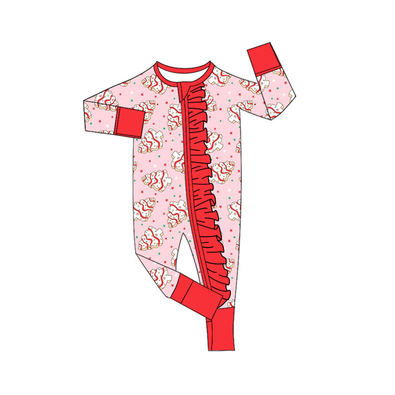 ( Moq 5 ) Preorder Girls Infant Long Sleeves Cake Trees Christmas Ruffle Zipper Footies Romper