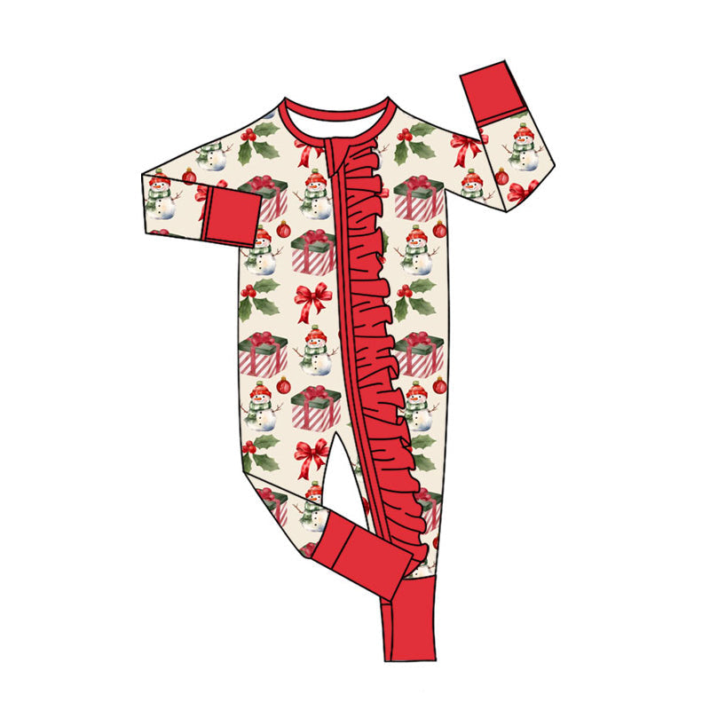 ( Moq 5 ) Preorder Girls Infant Snowman Bows Christmas Red Ruffle Zipper Sleeper Romper