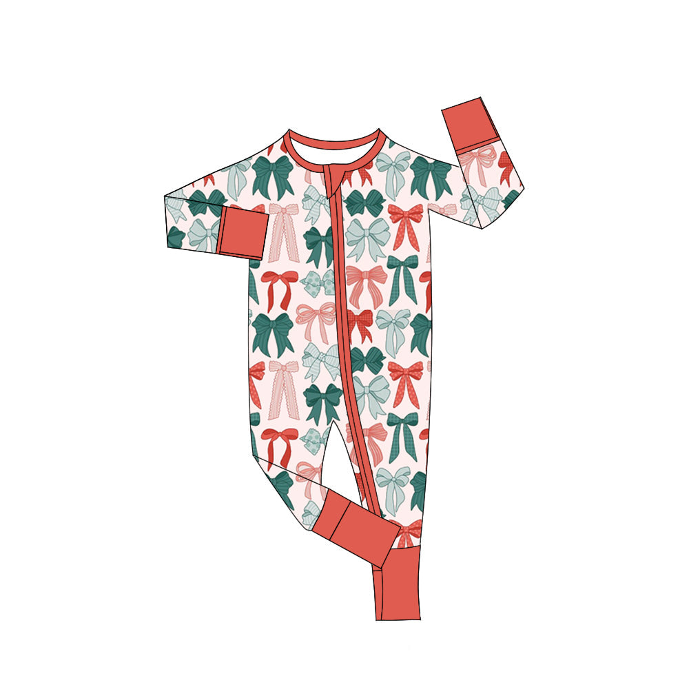 ( Moq 5 ) Preorder Girls Kids Long Sleeves Bows Christmas Zipper Footie Pajamas Romper