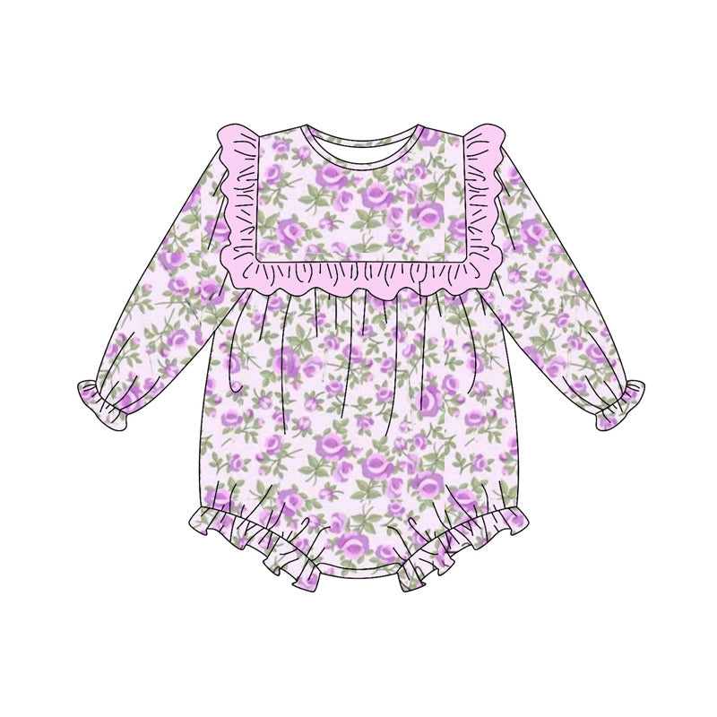 ( Moq 5 ) Preorder Girls Kids Long Sleeves Floral Purple Ruffle Bubble Romper