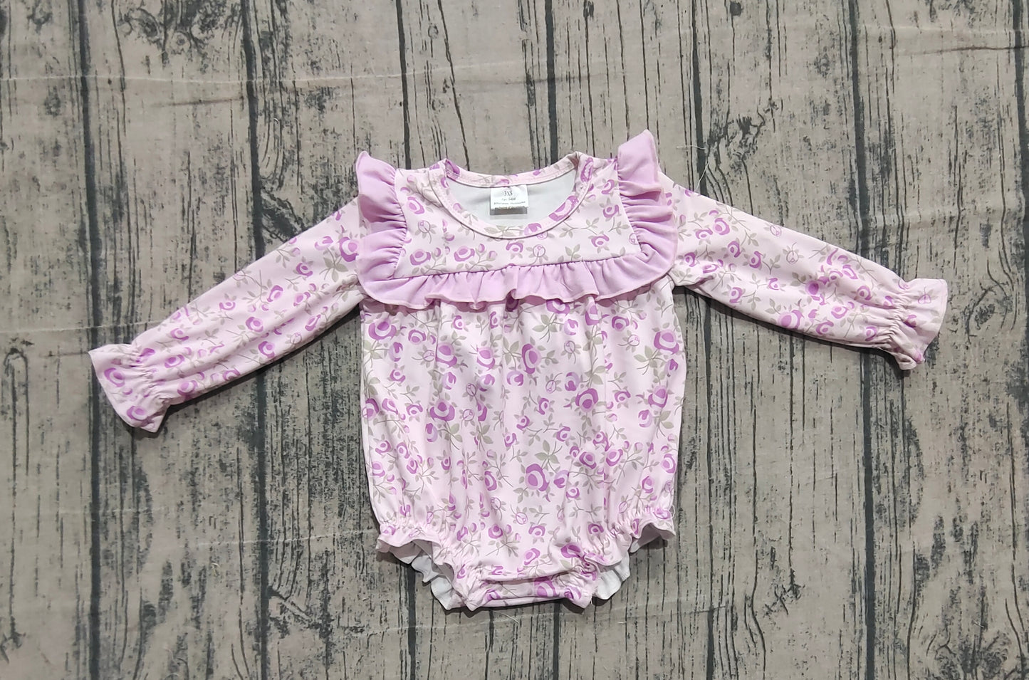 ( No moq ) Preorder Girls Kids Long Sleeves Floral Purple Ruffle Bubble Romper
