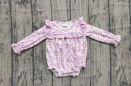 ( No moq ) Preorder Girls Kids Long Sleeves Floral Purple Ruffle Bubble Romper