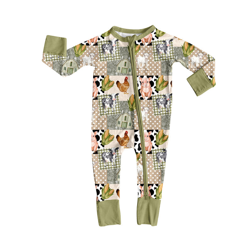( Moq 5 ) Preorder Boys Infant Farm Animals Green Zipper Pajamas Romper