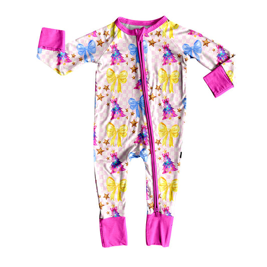 ( Moq 5 ) Preorder Girls Infant Bows Trees Happy New Year Zipper Pajamas Romper