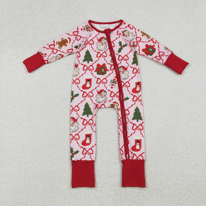 Sibling Baby Girls Bows Santa Socks Checked Top Pants Christmas Pajamas Sets Zipper Rompers