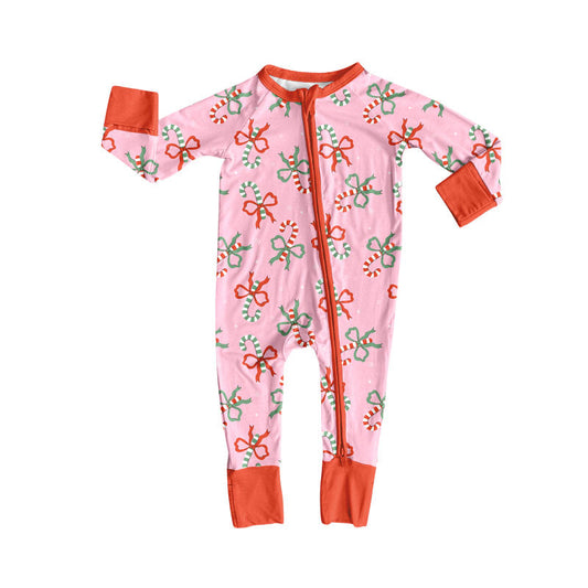 ( Moq 5 ) Preorder Girls Infant Candy Cane Bows Christmas Zipper Sleeper Romper
