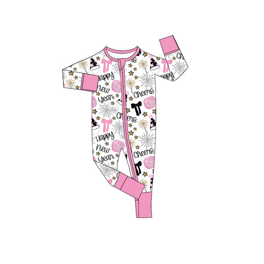 ( Moq 5 ) Preorder Girls Kids Stars Happy New Year Bows Pink Zipper Sleeper Romper