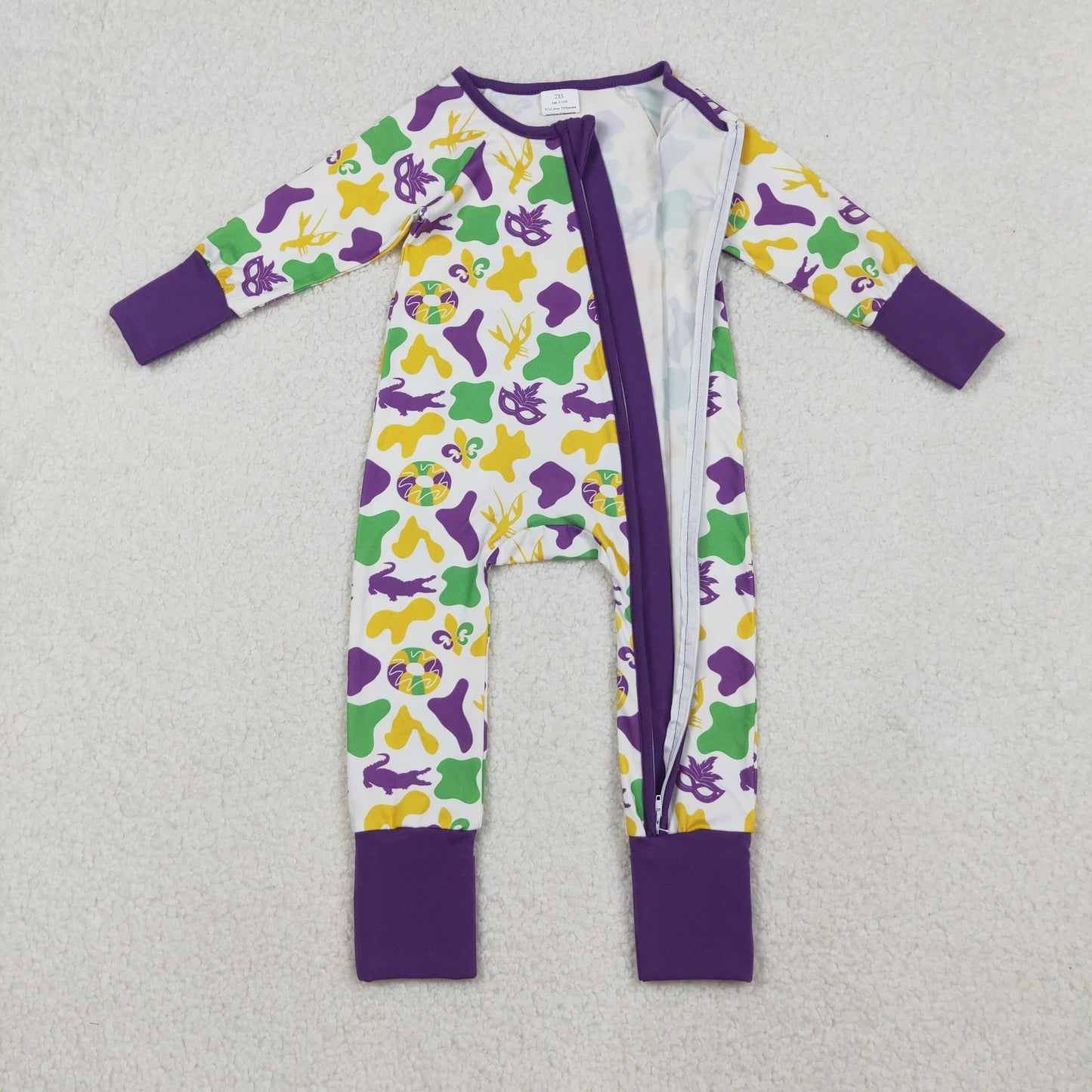 Sibling Baby Boys Infant Long Sleeves Mardi Gras Bows Camo Zipper Rompers RTS