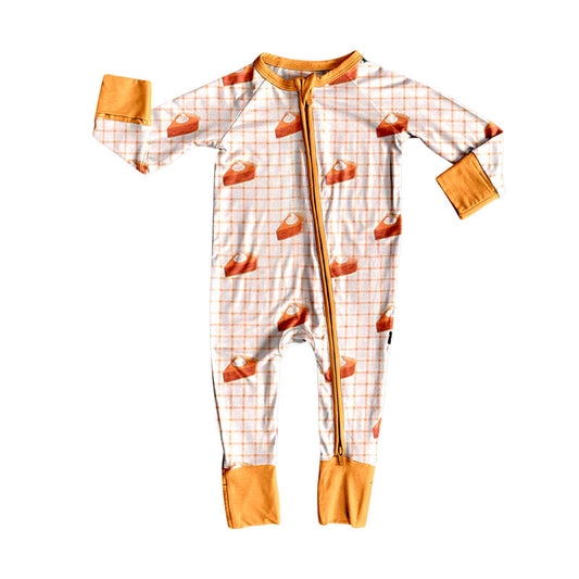 ( Moq 5 ) Kids Infant Long Sleeves Pies Plaid Orange Zipper Fall Pajamas Romper