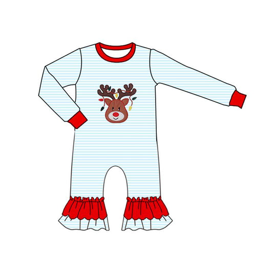 ( Moq 5 ) Girls Infant Long Sleeves Deer Lights Stripes Christmas Ruffle Romper