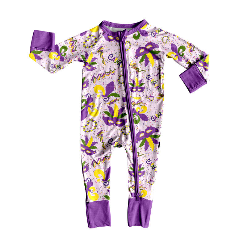 ( Moq 5 ) Girls Kids Long Sleeves Mardi Gras Purple Zipper Pajamas Romper