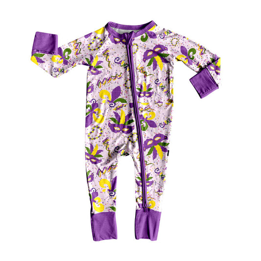 ( Moq 5 ) Girls Kids Long Sleeves Mardi Gras Purple Zipper Pajamas Romper