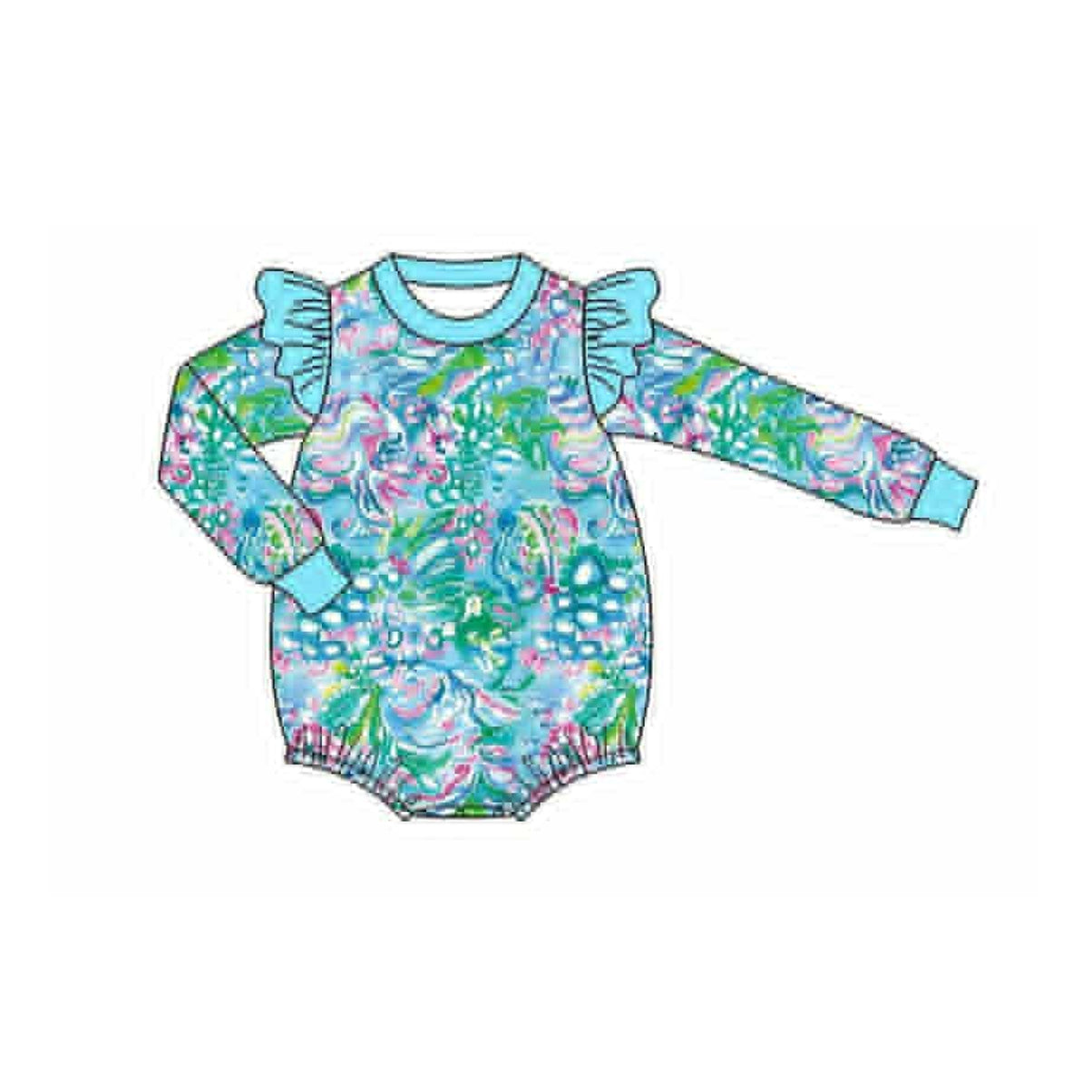 ( Moq 5 ) Preorder Girls Infant Long Sleeves Flower Ruffle Blue Bubble Romper
