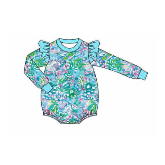 ( Moq 5 ) Preorder Girls Infant Long Sleeves Flower Ruffle Blue Bubble Romper