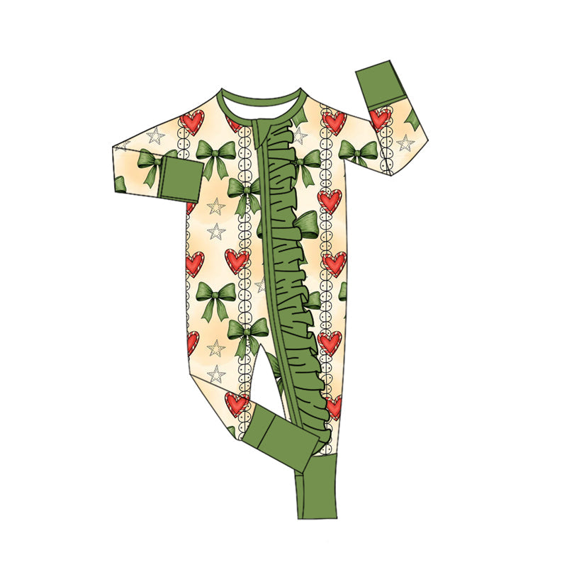 ( Moq 5 ) Preorder Girls Infant Valentine's Bows Hearts Green Zipper Footie Pajamas Romper