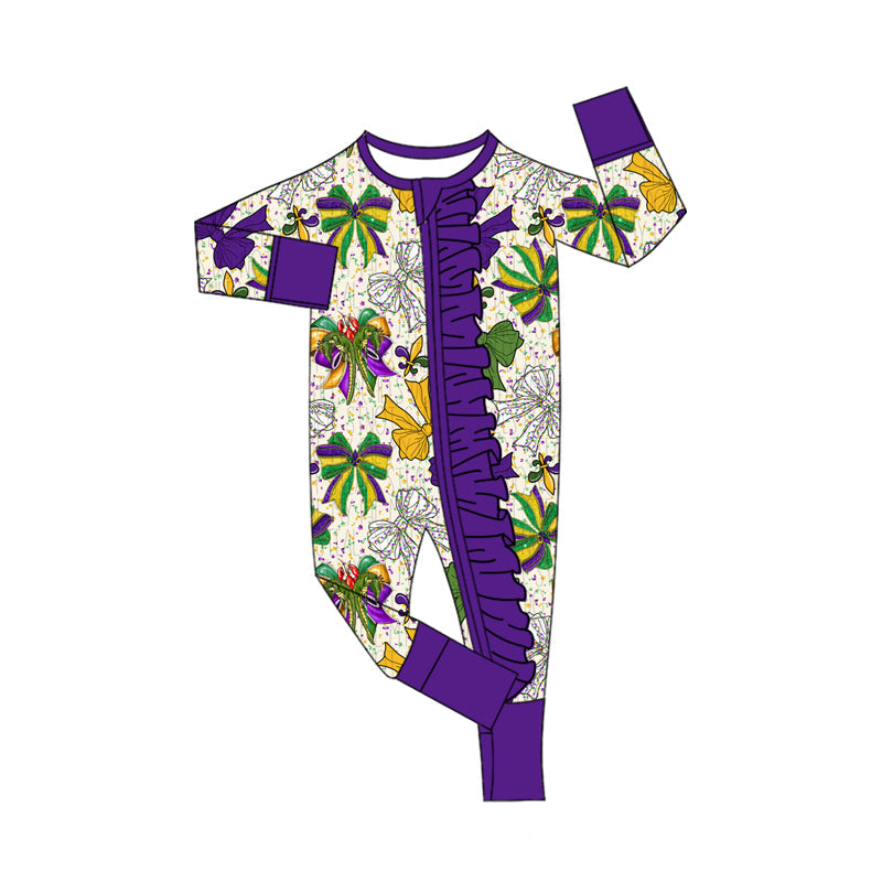 ( Moq 5 ) Preorder Girls Infant Mardi Gras Bows Purple Zipper Footie Pajamas Romper