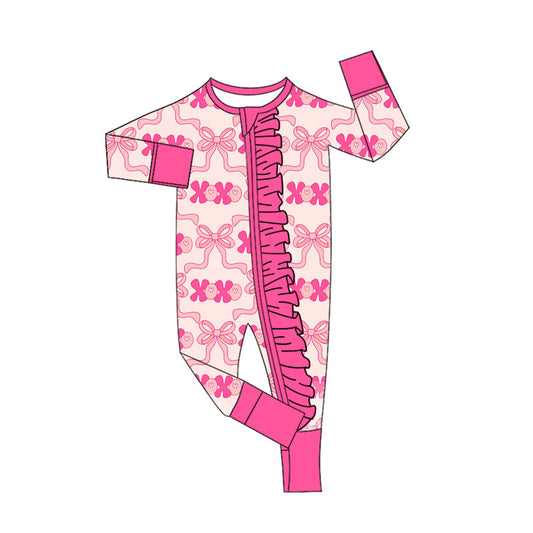 ( Moq 5 ) Preorder Girls Infant Valentine's Hearts Bows Pink Zipper Footie Pajamas Romper